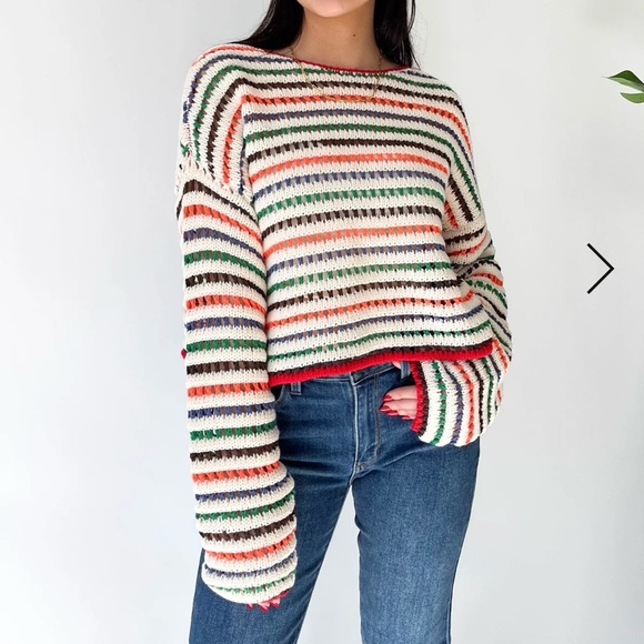 Grey Bandit Sweater Slouchy Oversize Crop Long Sleeve Knit Bright Stripes Size M - Picture 1 of 10